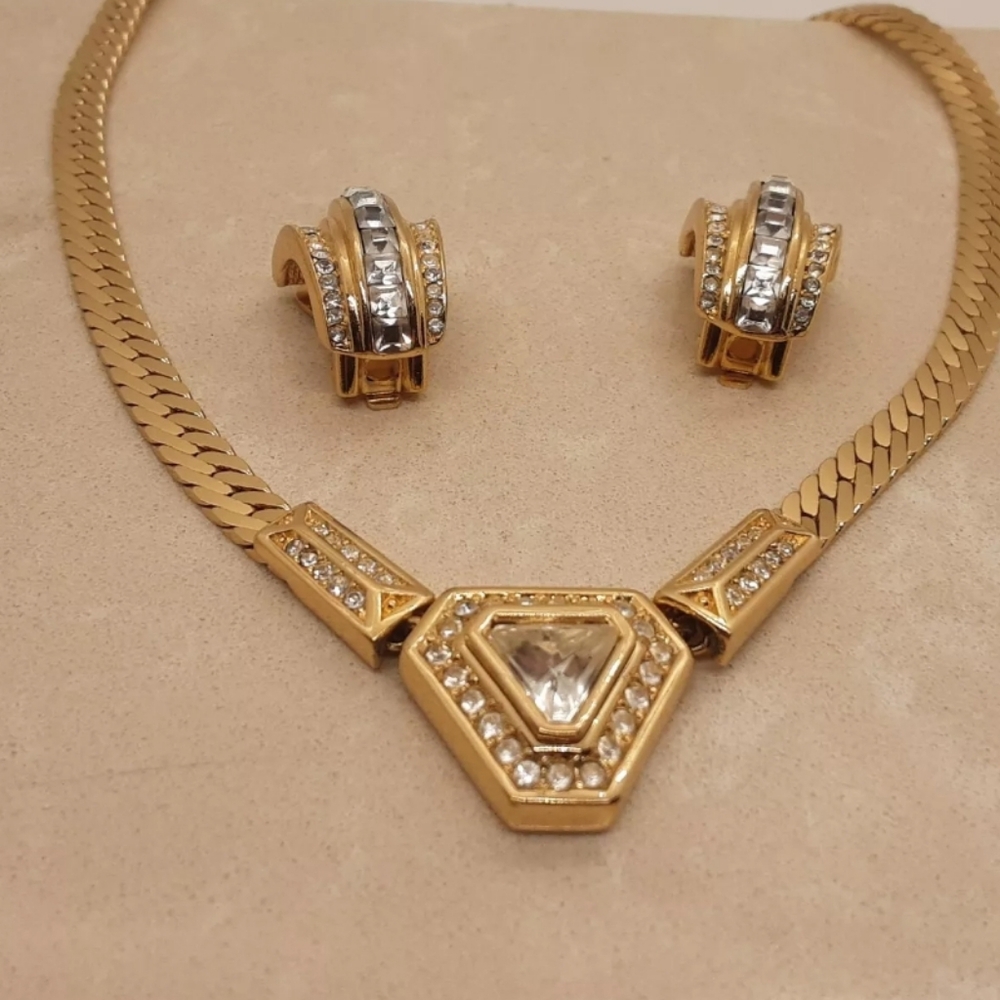 Vintage Christian Dior Necklace/Choker (~15.5") & Earrings Set Clear Rhinestone